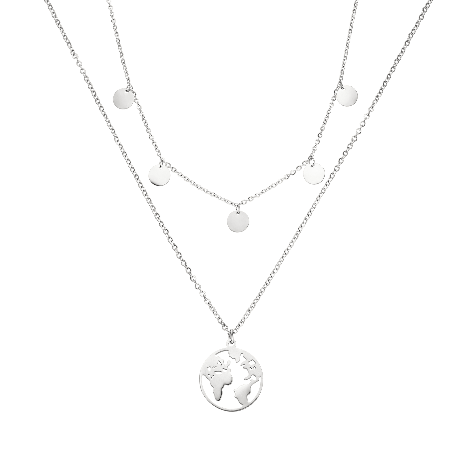 Silberne Kette mit Weltkugel-Anhänger und runden Plättchen von PURELEI