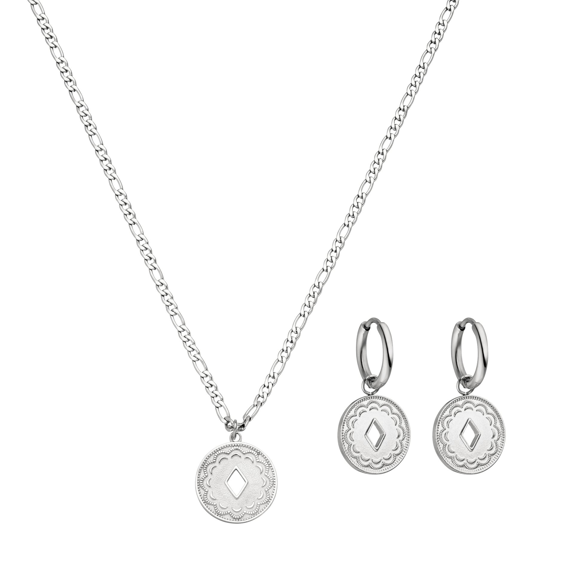 Silberne Kette und Ohrringe mit filigranem Design von PURELEI, elegant und modern.