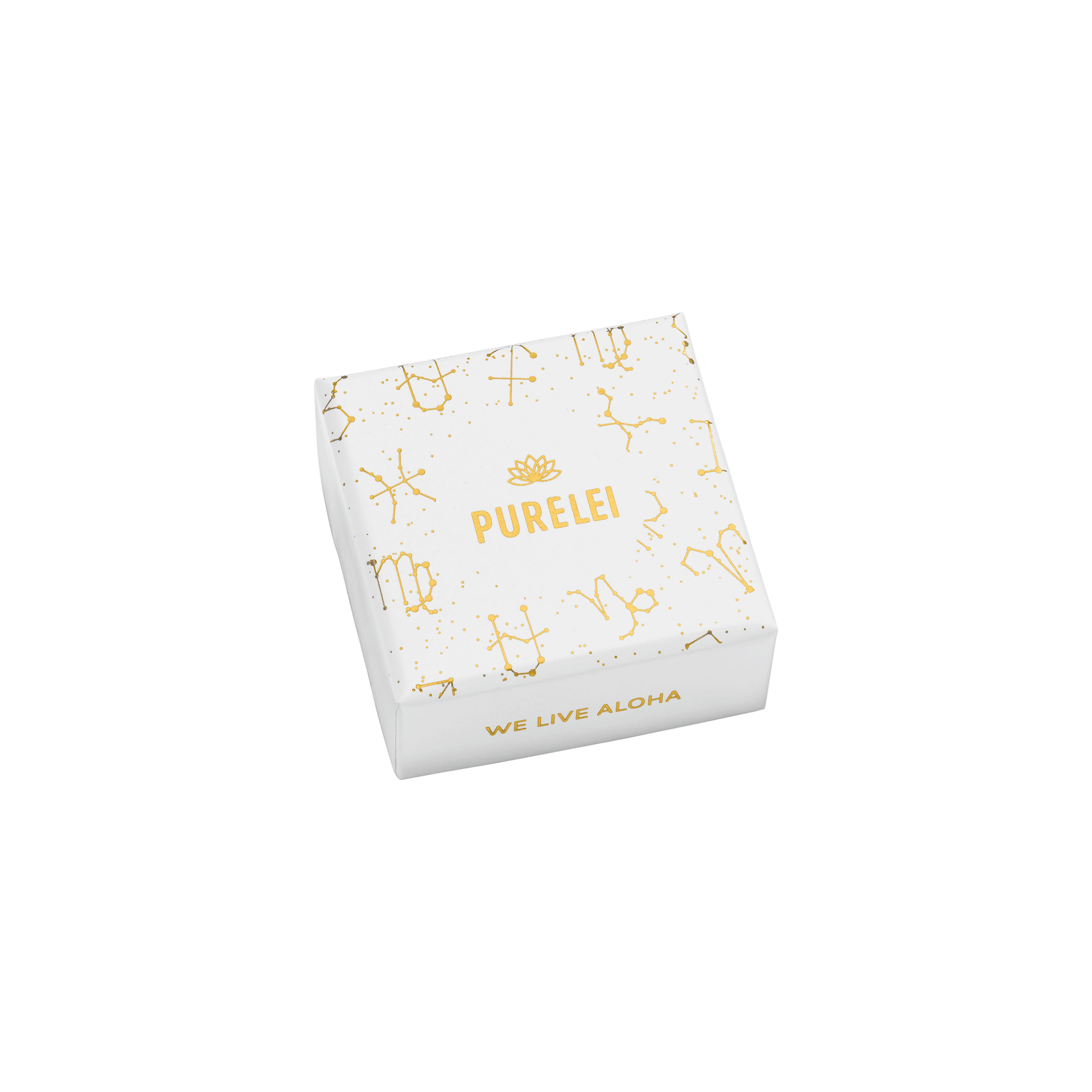 Weiße Schmuckbox mit goldenem PURELEI-Logo und Zodiac-Symbolen, elegant und natürlich inspirierend.